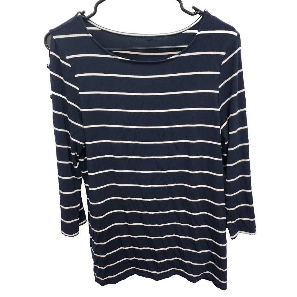 Attitudes by Renee Womens Tunic Top Medium Navy White Striped Slit Sleeve Casual